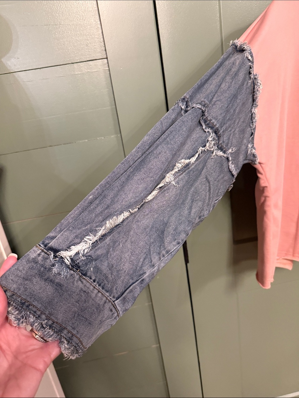 easel Pink Knit Top with Distressed Denim Sleeves - Picture 5 of 8